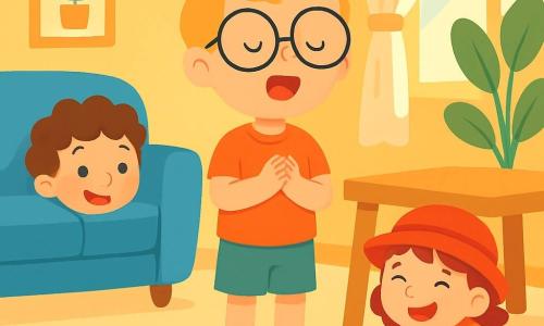 Il y a trois personnages : Léo, un garçon de 6 ans avec des boucles brunes, se cache derrière un canapé bleu ; Zoé, une fille de 5 ans avec un chapeau rouge, est cachée sous une table en bois ; et Max, un garçon de 6 ans avec de grandes lunettes, compte debout au centre de la pièce. La salle de séjour est lumineuse, avec un canapé bleu, une table en bois clair et des jouets colorés au sol. Max compte pendant que Léo et Zoé rient, créant une atmosphère joyeuse et de camaraderie.