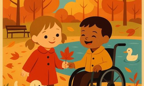 Deux enfants dans un parc d'automne au bord d'un petit étang : Léa, 4 ans, cheveux châtain clair en deux petites couettes, manteau rouge et bottines marron, tient la main de Tom en souriant et montre une feuille rouge ; Tom, 3 ans, cheveux bruns courts, petit manteau jaune moutarde, pousse un fauteuil roulant et rit en regardant un canard dans l'eau ; autour d'eux feuilles orange, jaunes et rouges tourbillonnent, un banc en bois stylisé et un petit chien blanc passent, sol couvert de feuilles froissées et herbes foncées, atmosphère douce aux couleurs chaudes, silhouettes nettes et contours géométriques rappelant l'art déco.