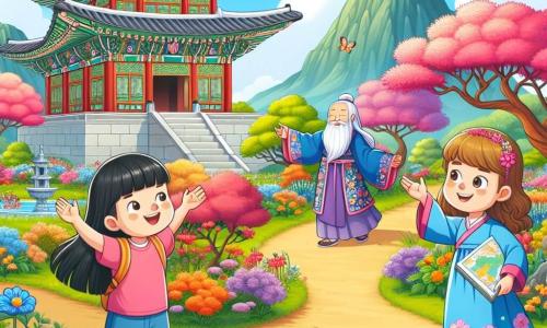 Dans un jardin coloré près d'un grand temple, une petite fille nommée Léa, âgée de 8 ans, a de longs cheveux bruns et porte une robe bleue à motifs de fleurs. Elle se tient à gauche, excitée, tenant une carte du monde. À côté d'elle, Mei, 7 ans, a des cheveux noirs et porte un t-shirt rose avec un short en jean. Elle sourit joyeusement à Léa, les bras ouverts. Au centre, un vieil homme sage avec une longue barbe blanche et une robe colorée se tient devant un temple traditionnel coréen, avec des toits en pagode et des lanternes rouges. Le jardin est rempli de fleurs éclatantes et de papillons. Léa et Mei cherchent la fleur magique, entourées de fleurs brillantes et de papillons, tandis que le vieil homme les observe avec bienveillance.