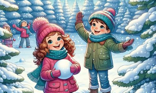 Dans une clairière enneigée, deux enfants, Juliette et Lucas, se tiennent au centre. Juliette, douze ans, a des cheveux châtains bouclés et porte une veste rose et un bonnet assorti. Elle sourit en tenant une boule de neige. Lucas, dix ans, a les cheveux bruns courts, porte une écharpe bleue et un manteau vert, et lève les bras, prêt à lancer sa boule de neige. La clairière est entourée d'arbres chargés de neige sous un ciel bleu clair, avec des flocons tombant doucement. Les enfants s'apprêtent à se lancer des boules de neige, riant dans cette scène hivernale joyeuse.