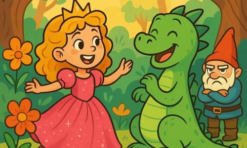 La princesse Luna, avec ses cheveux bouclés et dorés, danse joyeusement dans une clairière enchantée, vêtue d'une robe en satin rose ornée de paillettes. Elle sourit, entourée de fleurs multicolores. À ses côtés, un dragon aux écailles vertes, amusé, la regarde en riant. Un gnome grincheux, petit et trapu, observe la scène avec un léger sourire. La clairière magique est remplie de fleurs géantes, de champignons étranges et d'arbres tordus, éclairée par des rayons de soleil, créant une atmosphère chaleureuse. Luna danse avec le dragon, tandis que le gnome, malgré son air bougon, montre son amusement.