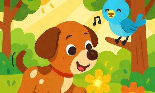 Un petit chien nommé Coco, avec un pelage brun et des taches blanches, a des yeux pétillants et une queue qui remue. Il touche une fleur dorée sous le soleil, son nez frémissant. À côté, un oiseau bleu chante joyeusement, perché sur une branche, regardant Coco avec amitié. La scène se déroule dans une forêt verdoyante, remplie d'arbres et de fleurs colorées, avec des rayons de soleil filtrant. Coco et l'oiseau découvrent la magie de l'amitié, tandis que la fleur dorée scintille, prête pour une aventure enchantée.