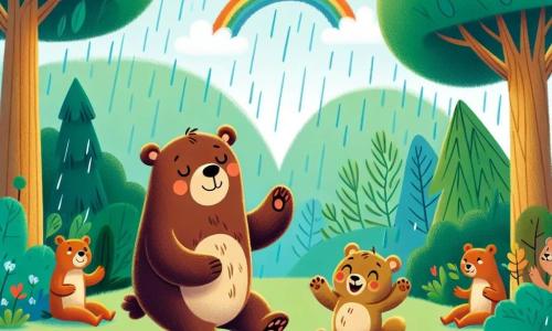 Un ours brun nommé Oscar danse joyeusement sous la pluie, souriant avec des yeux pétillants. À ses côtés, un ours plus petit nommé Max, avec un pelage doré, saute en riant. Ils se trouvent dans une forêt verdoyante, entourés d'arbres et de fleurs, tandis que la pluie crée des éclaboussures et qu'un arc-en-ciel apparaît. Les deux ours montrent leur amitié et leur joie, admirés par d'autres animaux qui forment un cercle autour d'eux.