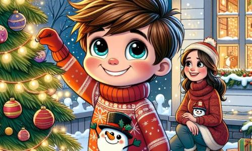 Un petit garçon de 5 ans, nommé Hugo, avec des cheveux châtains en bataille et des yeux pétillants, se tient au centre de l'image, souriant largement en décorant un grand sapin de Noël. Il porte un pull rouge avec un bonhomme de neige et un bonnet assorti. À côté de lui, sa maman, une femme d'une trentaine d'années avec de longs cheveux bruns, accroche des guirlandes scintillantes sur les branches du sapin, le regardant avec tendresse. Le décor est une maison en bois avec des murs blancs et des fenêtres illuminées. À l'extérieur, la neige recouvre le sol, créant un paysage féerique. Hugo et sa maman décorent le sapin, entourés de boîtes de décorations colorées, créant une atmosphère chaleureuse et joyeuse.