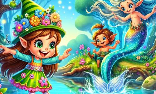 La princesse Charlotte, une petite fille de 8 ans aux longs cheveux bruns et aux yeux verts pétillants, danse joyeusement sur une feuille dans une forêt enchantée. Elle porte une robe colorée ornée de fleurs et un chapeau amusant. À ses côtés, un petit elfe de 5 ans, avec de grandes oreilles pointues et des cheveux blonds en bataille, rit en faisant des grimaces, perché sur une branche d'arbre. Non loin, une sirène aux écailles turquoise émerge d'un lac magique, ses longs cheveux ondulant comme des algues, souriant à Charlotte. La scène se déroule dans une forêt avec des arbres majestueux, des fleurs colorées et un lac cristallin, où Charlotte, l'elfe et la sirène rient et jouent ensemble, symbolisant l'amitié et l'aventure.