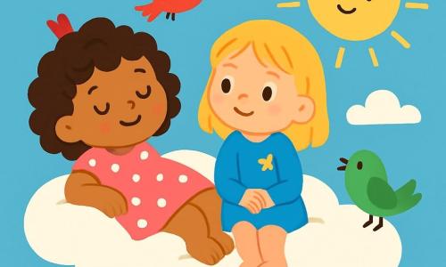 Deux personnages principaux : Lila, une petite fille de 3 ans avec des cheveux bouclés et bruns, en robe rose à pois blancs, allongée sur un nuage avec un sourire paisible, et Zoé, également de 3 ans, avec des cheveux lisses et blonds, en tunique bleue avec des étoiles, assise à côté d'elle. L'action se déroule sur un grand nuage moelleux dans un ciel bleu clair, sous un soleil doux. Elles profitent du chant des oiseaux et de la chaleur du soleil, créant un moment de sérénité et de bonheur.