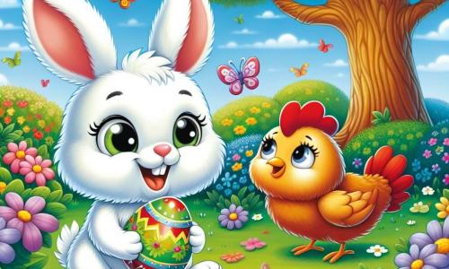 Un petit lapin blanc nommé Pipo, avec de grandes oreilles et un sourire joyeux, saute dans un jardin fleuri en tenant un œuf de Pâques brillant. À côté de lui, une poule rousse au plumage éclatant le regarde avec enthousiasme, prête à l'aider. Le jardin est rempli de fleurs colorées, de papillons et d’un grand arbre, créant une atmosphère joyeuse et printanière. Pipo découvre un œuf de Pâques sous l'arbre, souriant, tandis que la poule l'encourage, impatients de découvrir le trésor caché à l'intérieur.