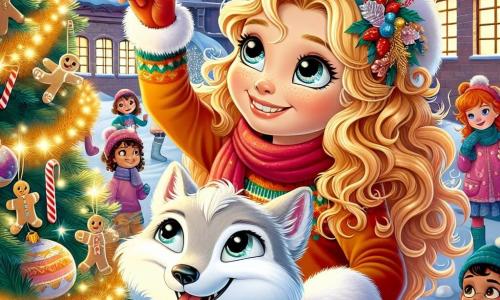 Lucie, une petite fille de 7 ans aux boucles dorées et aux yeux pétillants, sourit en accrochant une étoile en papier coloré en haut d'un sapin de Noël majestueux, entouré de guirlandes scintillantes. À ses côtés, Flocon, un renard polaire avec une écharpe rouge, l'observe avec complicité. En arrière-plan, des enfants de 6 à 8 ans décorent joyeusement le sapin, accrochant des boules brillantes et plaçant des bonhommes en pain d'épices au pied de l'arbre. L'école des Sapins Joyeux, un bâtiment en bois chaleureux décoré de guirlandes lumineuses, crée une atmosphère festive et magique, remplie de rires et de chants de Noël. Lucie réalise que la magie de Noël réside dans le partage et la joie en décorant le sapin avec ses amis.
