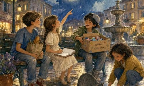 Quatre enfants sur un banc d'une petite place de nuit aux pavés brillants sous des lampadaires jaunes : un garçon d'environ 11 ans aux cheveux courts bruns en t‑shirt bleu tenant un sac de provisions et souriant à gauche; une fille d'environ 10 ans en robe crème et tresse, assise au centre‑gauche, écrivant dans son carnet et pointant la lune; un garçon d'environ 12 ans cheveux noirs en bataille, casquette à l'envers et veste verte, assis au centre‑droit, riant et tendant une boîte décorée d'étoiles; une fille d'environ 11 ans aux cheveux courts bouclés, gilet moutarde, accroupie à droite et posant une coupelle d'eau pour un chat gris. La boîte des petites attentions est ouverte au centre avec des papiers colorés, la fontaine éteinte reflète la lune en croissant, les façades aux fenêtres chaudes et un réverbère projettent une ombre douce; ambiance calme et chaleureuse aux couleurs pastel avec reflets argentés sur les pavés.