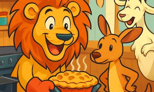 Un lion joyeux avec une crinière en bataille et un large sourire sort une tarte aux pommes du four. Ses yeux pétillent d'excitation. À ses côtés, un kangourou nommé Pat regarde la tarte avec curiosité, prêt à goûter. Gertrude, une chèvre blanche, se tient en arrière-plan, amusée par le désordre dans la cuisine. La scène se déroule dans une cuisine rustique avec des murs en bois et des étagères remplies de pots de confiture. Léon, le lion, est entouré d'une ambiance joyeuse, présentant fièrement sa tarte qui dégage une odeur délicieuse.