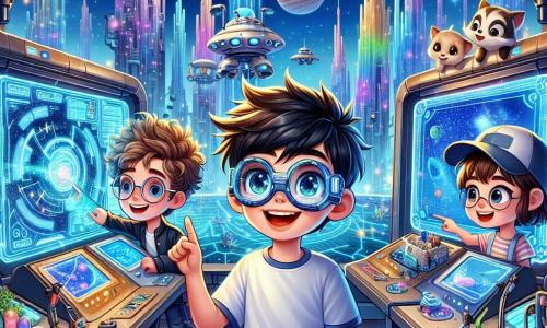 Au centre de l'image, Léo, un garçon de 10 ans aux cheveux en bataille et aux yeux pétillants, sourit en pointant vers un simulateur de voyage spatial. À sa droite, Mia, une fille de 9 ans avec des lunettes futuristes et des cheveux bouclés, observe l'écran du simulateur, les mains sur les hanches. À gauche, Sam, un garçon de 10 ans avec une casquette, bricole un gadget sur un panneau de contrôle, entouré d'outils. En arrière-plan, le parc technologique de Néo-Célestia est rempli de jardins suspendus et de drones colorés, avec des gratte-ciels futuristes et des hologrammes de planètes, créant une ambiance magique. Les enfants sont prêts à entrer dans le simulateur, symbolisant leur rêve de voyager dans l'espace.