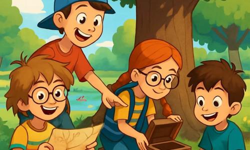 Quatre enfants sont réunis dans un parc verdoyant. Léa, 10 ans, cheveux châtain clair en bataille et lunettes rondes, est assise sur l'herbe avec une carte au trésor, souriante. Max, 11 ans, grand et mince, porte une casquette à l'envers et pointe la carte avec enthousiasme. Lucie, 10 ans, avec des tresses rousses et un gilet à rayures, examine une boîte en bois près d'un vieux chêne. Théo, 9 ans, le plus jeune, est assis entouré de bonbons, les yeux brillants d'excitation. Ils sont en pleine chasse au trésor, partageant des moments de joie et d'amitié.