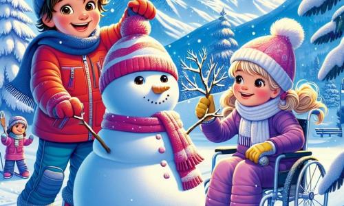 Au premier plan, Maxence, un garçon de 9 ans avec des cheveux bruns en bataille, porte une combinaison de ski rouge vif et un bonnet bleu. Il est à gauche, les bras levés, souriant, prêt à construire un bonhomme de neige. À sa droite, Chloé, une fille de 9 ans avec des boucles brunes, est accroupie, façonnant une boule de neige. Elle porte une écharpe rose et des gants jaunes. Un peu plus loin, Léa, une fille de 9 ans en fauteuil roulant, a des cheveux blonds et un manteau violet. Elle sourit en tenant des branches pour décorer le bonhomme de neige. Le décor est un paysage hivernal avec des montagnes couvertes de neige et des sapins, créant une atmosphère magique. Les trois amis collaborent joyeusement pour construire un bonhomme de neige, illustrant l'esprit d'amitié et de créativité en hiver.