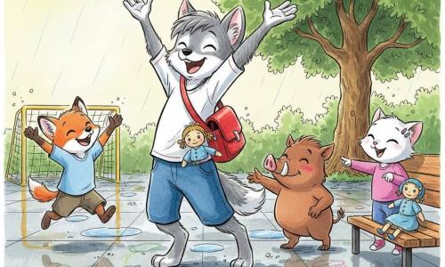 Lina, petit loup anthropomorphe aux poils gris et à la queue en panache, joyeuse et fière, lève les bras après avoir marqué un but, son cartable rouge pend sur une épaule et la poupée bleue Capucine dépasse de sa poche; à gauche Nino, petit renard roux, applaudit et saute de joie; à droite Hugo, petit sanglier brun, timide mais souriant, tend la main pour la féliciter, visage rougi; Jade, petite chatte blanche aux barrettes brillantes, rit et pointe vers la poupée posée sur un banc comme « entraîneuse »; la cour d'école est mouillée après la pluie avec flaques réfléchissantes, dalles grises, un but en bois peint en jaune, bancs en bois, dessins à la craie et un grand chêne à l'arrière-plan sous une douce lumière d'après-midi, ambiance chaleureuse et inclusive, traits nets à l'encre, couleurs vives et lavis doux.
