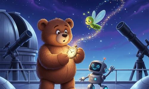 Hector, grand ours au pelage brun légèrement ébouriffé, tient une montre ancienne qui scintille en bleu et or; Léa, petite luciole vert-jaune, virevolte en laissant une traînée de points lumineux; Astro, petit robot roulant argenté aux roues bleues, désigne le ciel depuis la terrasse haute d’un observatoire futuriste aux larges dômes et énormes télescopes; le sol métallique et la balustrade vitrée dominent un ciel nocturne étoilé et nébuleux violet; Hector et Léa regardent les étoiles émerveillés, la montre scintille entre eux et Astro les guide dans une ambiance magique, paisible et aux lumières bleu‑violet.