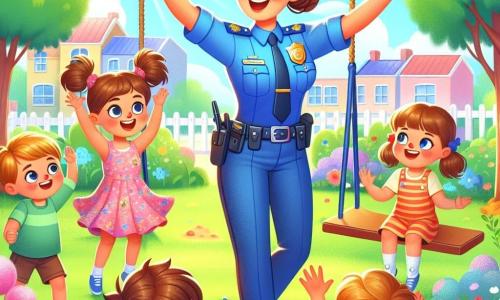 Clara, une policière souriante d'une trentaine d'années avec des cheveux bruns en chignon, porte un uniforme bleu vif et un insigne brillant. Elle se tient sur une balançoire, les bras ouverts, entourée d'enfants. À sa droite, une petite fille de 6 ans avec des couettes blondes lève la main, vêtue d'une robe rose à fleurs. À sa gauche, un garçon de 7 ans aux cheveux bruns est assis sur l'herbe, tenant un ballon rouge. L'image se déroule dans un parc ensoleillé, avec des arbres, des fleurs et des enfants jouant. Clara explique aux enfants l'importance des règles de sécurité tout en s'amusant, créant une atmosphère de camaraderie et d'apprentissage.