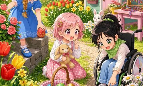 Trois filles dans un jardin printanier lumineux : Rose (6 ans) aux courts cheveux rose clair, grand regard, pantalon à pois et doudou, agenouillée près d’un panier en osier ; Emma (7 ans) cheveux miel en tresse, robe bleue, souriante, sur un muret tendant la main vers un œuf coloré ; Jade (6 ans) en fauteuil roulant, cheveux noirs attachés, petite écharpe verte, pointant un œuf caché sous une feuille devant des marguerites ; pelouse verte, tulipes rouges et jaunes, jonquilles, petit rosier, cabane en bois pastel au fond avec table où sont visibles des bracelets tressés, chemin de gravier clair, bas muret en pierre grise, papillon blanc, petit lapin blanc caché près de la cabane ; chasse aux œufs de Pâques avec œufs colorés (rouge, bleu, vert à pois jaunes, doré) dispersés entre les fleurs, atmosphère joyeuse aux couleurs vives et traits doux façon manga, composition centrée sur le panier.