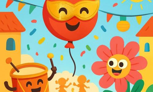 Un petit ballon rouge nommé Léon, avec un visage souriant et des yeux pétillants, flotte au centre de l'image, portant un masque doré. Il est entouré de confettis colorés. À sa droite, Marguerite, une fleur en papier crépon aux pétales roses et verts, danse joyeusement sur une colline, admirant Léon. À gauche, Armand, un petit tambour en bois joyeux, joue de son tambour sur un tabouret, créant une ambiance musicale. Le décor est une rue animée du village, ornée de guirlandes et de lanternes, avec des enfants dansant en arrière-plan. Léon, Marguerite et Armand célèbrent ensemble le carnaval, remplis de joie sous un ciel bleu clair.