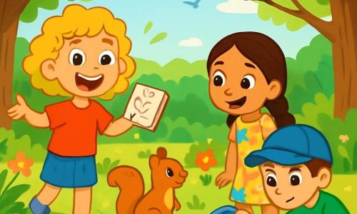 Il y a trois personnages : Léo, une petite fille de 8 ans aux cheveux bouclés et blonds, souriante, tenant un carnet de dessin ; Mia, une fille de 7 ans avec de longs cheveux bruns tressés, émerveillée par un écureuil ; et Tom, un garçon de 8 ans avec des cheveux châtains et une casquette bleue, qui ramasse des déchets près d'un ruisseau. Le lieu est une réserve naturelle luxuriante avec de grands arbres, un ruisseau scintillant, des fleurs colorées et des oiseaux chantants. Les trois amis nettoient le ruisseau avec des sourires, Léo dessine un écureuil, Mia observe, et Tom ramasse une bouteille en plastique. L'atmosphère est joyeuse et engagée pour la protection de la nature.