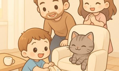 Un garçon de 2 ans aux cheveux châtain clair, joyeux et émerveillé, s'accroupit pour tirer doucement un doudou beige à petites étoiles bleues de sous un chat gris tigré assis sur un fauteuil en velours crème qui se cambre et ronronne; derrière, le père (~35 ans) à la barbe légère, souriant, penché pour encourager, et la mère (~33 ans) en robe rose applaudissant doucement; salon petit et cosy, tapis moelleux à motifs géométriques, table basse en bois clair avec une tasse renversée et des jouets (balle rouge, cubes jaunes), lumière douce du matin à travers des rideaux blancs; scène tendre et drôle aux couleurs pastel, textures douces, composition centrée sur l'enfant, le chat et le fauteuil, ambiance chaleureuse et sécurisante.
