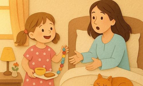 Fille de 4 ans joyeuse, cheveux châtain clair en couettes, robe rose à pois, tient un collier de perles multicolores et un petit plateau de petit‑déjeuner, debout au pied d’un lit; mère d’environ 32 ans au visage tendre et surpris, cheveux bruns lâchés, en pyjama clair, assise sur le lit, se penchant pour ouvrir les bras; chat roux aux yeux verts sommeillant sur la couverture; chambre chaude et lumineuse aux murs crème avec guirlande de cœurs, fenêtre laissant entrer une lumière matinale dorée, table de chevet avec lampe et fleurs sauvages; geste central tendre — la fille offre le collier et le plateau à sa mère — couleurs vives, formes simples, textures façon papier déchiré, contrastes doux et ombres découpées.