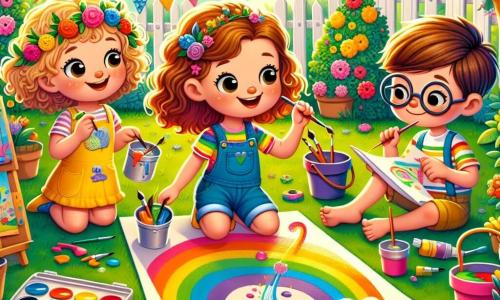 Zoé, une petite fille de 6 ans aux cheveux bruns et bouclés, porte un short jaune vif et un T-shirt avec un arc-en-ciel. Elle sourit joyeusement en tenant un pinceau et un pot de peinture. À ses côtés, Lila, également âgée de 6 ans avec des cheveux bouclés et blonds, est en robe rose et rit en peignant un arc-en-ciel sur une grande feuille. Hugo, un garçon de 6 ans avec des lunettes et des cheveux châtains, est assis sur l'herbe, concentré sur son dessin d'une fusée. Ils se trouvent dans un jardin ensoleillé, rempli de fleurs colorées et de tables de bricolage. Ensemble, ils peignent joyeusement sous le ciel bleu, entourés de rires et de créativité, célébrant leur été au camp de loisirs.
