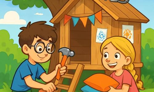 Léo, un garçon de 10 ans aux cheveux bruns et lunettes rondes, porte un t-shirt bleu et un short vert. Il tient un marteau en plastique, concentré sur la construction d'une cabane. Zoé, une fille de 8 ans avec de longs cheveux blonds tressés et un sourire malicieux, est accroupie en tenant des coussins colorés pour l'intérieur de la cabane. La scène se déroule dans un jardin ensoleillé, avec un cerisier servant de support à une cabane en bois décorée de fanions. Des outils de bricolage sont éparpillés autour, et un chat tigré observe les enfants. Léo et Zoé rient et échangent des idées dans une ambiance joyeuse et créative.