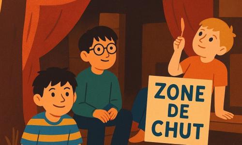Quatre garçons d’environ 11 ans dans une cabane de palettes et cartons au crépuscule : Malo, cheveux bruns en bataille, t-shirt rayé bleu et jaune, assis au centre-gauche sur une moquette usée en tenant un petit bocal ; Nino, cheveux noirs courts et lunettes rondes, sweat vert, assis à droite près de l’entrée, tenant une pancarte plantée où l’on lit « ZONE DE CHUT » ; Sam, châtain clair, chemise à carreaux avec une règle en poche, accroupi en bas à gauche en train de mesurer un coin de palette ; Léo, blond, t-shirt orange, allongé en haut à droite, tenant une plume et regardant le plafond en carton. L’intérieur comporte une moquette roulée, couvertures suspendues comme tentures, une petite table basse avec une hélice artisanale et des chaussettes aux coins de bois, et un « bocal à soucis » placé au centre ; à l’extérieur on aperçoit un vieux pommier appuyé contre la cabane. L’ambiance est douce et intime, lumière dorée filtrant par des fentes, couleurs chaudes et contrastées, traits simples et formes nettes, composition centrée et équilibrée évoquant une pause calme à la fois drôle et tendre.