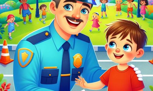 Un policier nommé Paul, souriant et enthousiaste, porte un uniforme bleu vif et une casquette brillante. À ses côtés, un petit garçon nommé Hugo, âgé de 6 ans, avec des cheveux bruns en bataille et un t-shirt rouge, le regarde avec curiosité. Ils sont dans un parc verdoyant, entouré d'arbres et de fleurs, où des enfants jouent. Paul explique aux enfants comment traverser la rue en toute sécurité, utilisant des cônes orange et un sifflet, tout en partageant des conseils amusants et éducatifs.