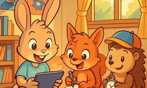 Léo, un jeune lapin aux grandes oreilles et au pelage doux, est assis sur un tapis moelleux, tenant une tablette lumineuse avec un sourire curieux. À côté, Maya, une petite écureuil aux yeux pétillants, dessine avec enthousiasme dans son carnet. Timothée, un hérisson avec une casquette colorée, les observe admirativement en tenant un chronomètre. La scène se déroule dans une chambre chaleureuse, décorée de posters de dessins animés et de livres empilés. Un rayon de soleil éclaire la pièce. Léo et ses amis partagent leurs découvertes sur l'utilisation des écrans, entourés de carnets et de crayons, plongés dans une discussion animée sur des idées créatives.