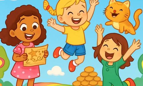 Il y a trois personnages : Zoé, une fille de 8 ans aux cheveux bruns bouclés, souriante avec une carte des biscuits enchantés ; Lila, 7 ans, avec des cheveux blonds tressés, sautant de joie ; et Mia, 8 ans, avec des cheveux châtains lisses, riant aux éclats. Elles se tiennent sur un pont en bonbon, entourées d'arbres en forme de sucettes et de fleurs colorées, sur un sol doux comme du marshmallow, sous des nuages en guimauve. Elles rient et flottent dans les airs après avoir goûté des bonbons magiques, guidées par Sir Biscuit, un chat souriant, vers la montagne de biscuits enchantés.