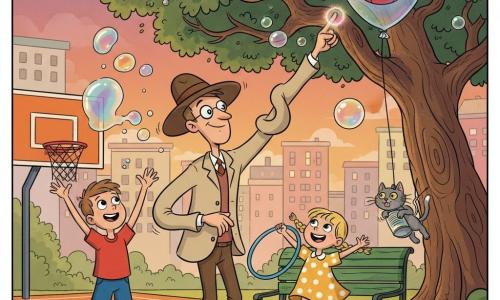 Max, timide mais malicieux, sourit en tendant la main vers un ballon de basket coincé dans un arbre — un halo coloré entoure son doigt tandis que le ballon se transforme en énorme baudruche brillante; à gauche un garçon d'environ 9 ans en tee-shirt rouge et short bleu lève les bras, à droite une fillette de 7 ans en robe jaune à pois sautille en tenant un cerceau, un chaton gris flotte attaché à une boîte-conserve en mini-balloon près d'un banc; scène de crépuscule dans un parc urbain avec terrain de basket orange, grand arbre tortueux, pelouse et immeubles pastel, ambiance joyeuse, couleurs vives et silhouettes rubber hose.