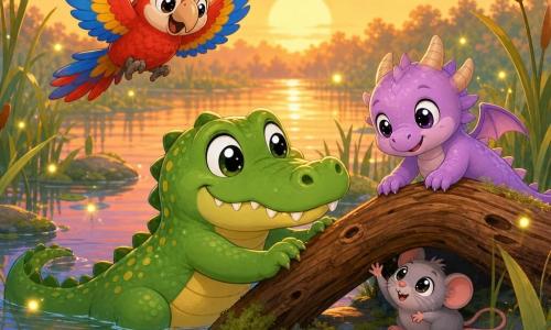Un crocodile souriant et courageux à la peau verte brillante parsemée de petites taches jaunes, grands yeux ronds et dents arrondies, pousse doucement une branche avec ses pattes palmées et la queue dans l'eau ; Pipo le perroquet aux plumes rouges, bleues et jaunes vole au‑dessus en battant des ailes et regarde le crocodile avec encouragement ; Drago le petit dragon rond aux écailles pastel violettes et cornes douces tire la branche avec ses pattes avant, perché derrière le crocodile ; une petite souris grise aux yeux noirs brillants est coincée sous la branche, pattes minuscules tendues vers ses sauveurs ; décor : marais au coucher du soleil avec eau miroir aux reflets orangés, roseaux verts et jaunes, pierres couvertes de mousse et quelques lucioles ; scène : les amis unissent leurs forces pour soulever la branche et libérer la souris, expressions chaleureuses, atmosphère douce et sécurisante, couleurs pastel, contours arrondis et beaucoup d'espace négatif clair.
