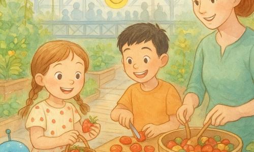 Une fillette de 6 ans, joyeuse, cheveux châtain clair en deux nattes, robe à pois rouges, cueille des fraises brillantes dans un petit panier en osier posé sur le toit; un garçon, Milo, environ 7 ans, enthousiaste, cheveux courts noirs, coupe des tomates cerises en deux avec un couteau en plastique sécurisé, légèrement en arrière-plan; une maman d'environ 30 ans, souriante, peau claire, chemise verte, mélange une salade de fruits dans un grand saladier en bois à la droite des enfants; un petit robot réparateur bleu, rond, à œil lumineux, observe et fait un clin d'œil électronique sur une jardinière au premier plan à gauche; le lieu est un toit-potager urbain avec dalles en bois, plates-bandes de légumes et fleurs jaunes, lianes suspendues, pots en terre et une grande passerelle métallique en arrière-plan où un panneau lumineux affiche un grand sourire jaune devant une foule de silhouettes aquarellées partageant des bols; ambiance conviviale et pétillante, couleurs pastel chaudes, textures d’aquarelle mouillée, doux rayons de soleil et rehauts blancs sur les fruits luisants.
