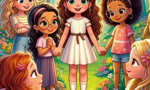 Dans une clairière enchantée, cinq amies se tiennent main dans la main, entourées de fleurs colorées. Lisa, 10 ans, avec des cheveux bruns bouclés, sourit en tenant une carte magique. Clara, 11 ans, aux cheveux blonds et lunettes rondes, regarde la carte. Zoé, 10 ans, avec des cheveux noirs, est à droite de Lisa, souriante. Emma, 9 ans, aux cheveux châtains, est assise sur une pierre, émerveillée par une fleur magique. Mia, 10 ans, aux cheveux roux, est à côté d'Emma, excitée. La clairière est illuminée par une lumière dorée, avec une immense fleur multicolore au centre. Les amies découvrent un parchemin mystérieux dans la fleur, révélant un message d'espoir et d'amitié.