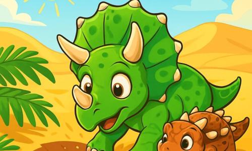 Un jeune tricératops curieux, avec une peau verte et des cornes majestueuses, se tient au centre, grattant le sol pour découvrir un tunnel mystérieux. À côté, un petit ankylosaure au dos blindé et aux yeux pétillants l'observe, prêt à l'accompagner. En arrière-plan, un paysage désertique doré s'étend sous un ciel bleu et un soleil brillant. Tino, le tricératops, découvre l'entrée du tunnel secret, entouré de sable scintillant et de l'ombre d'une fougère, tandis qu'un léger vent fait danser la poussière.