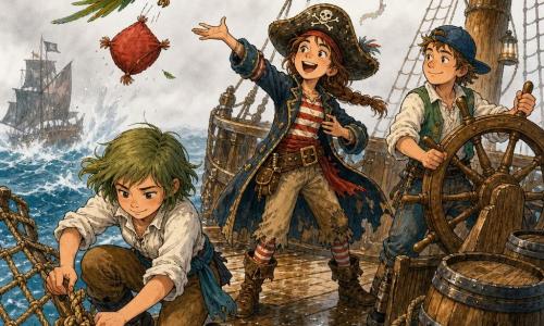 Zoé, capitaine d'environ 12–14 ans, souriante et malicieuse, cheveux châtains en tresse, grand chapeau cabossé et veste de pirate rayée, chante et gesticule pour faire diversion au centre du pont; Lila, matelote d'environ 11–13 ans, concentrée et agile, cheveux courts, chemise retroussée et bottes, rampe sur un filet mouillé pour nouer un nœud serré autour d'un poteau à l'avant‑plan gauche; Malo, timonier d'environ 13–15 ans, rassurant et souriant, casquette en arrière, tient la barre à tribord près de Zoé et surveille la manœuvre; Grognon, perroquet vert espiègle, vole au‑dessus du filet en laissant tomber un petit coussin rouge sur la tête d'un pirate adverse; décor : pont de bois usé, cordages, mâts et drapeaux à rayures, eau bleue et brouillard à l'horizon, gouttes et reflets d'encre sur le bois; ambiance : scène dynamique et joyeuse d'enfants pirates tendant un piège, traits d'encre vifs et touches d'aquarelle.