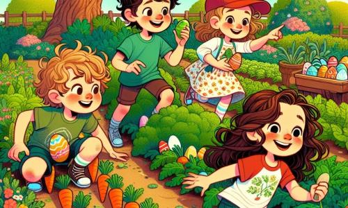 Dans un potager coloré, quatre amis chassent des œufs de Pâques. Tom, 8 ans, est accroupi près de carottes, Lucas, 7 ans, pointe un buisson avec un sourire, Emma, 8 ans, consulte une carte au trésor sur un banc, et Chloé, 7 ans, attend impatiente derrière elle. Le potager regorge de carottes, laitues et fleurs, tandis qu'un vieux chêne se dresse au loin sous un soleil éclatant. Les amis, guidés par un indice, se dirigent vers le buisson, excités à l'idée de découvrir un trésor caché.