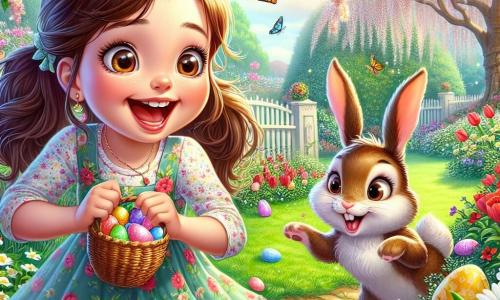Lila, une petite fille de 8 ans aux longs cheveux bruns en deux couettes, porte une robe à fleurs et sourit en cherchant des œufs en chocolat dans un jardin enchanté. À ses côtés, un petit lapin aux grandes oreilles et au pelage soyeux saute joyeusement autour d'un buisson fleuri, l'encourageant dans sa quête. Le jardin est rempli de fleurs colorées, avec des tulipes rouges, des marguerites blanches et des cerisiers en fleurs, tandis que des papillons multicolores virevoltent. Lila scrute chaque recoin du jardin avec enthousiasme, et le lapin semble lui indiquer le chemin vers un trésor caché.