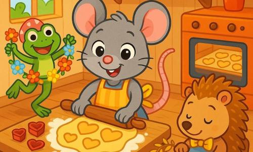 Plume, une petite souris grise souriante, prépare des biscuits en forme de cœur dans sa cuisine, entourée de farine et d'emporte-pièces. À côté, Rosalie, une grenouille verte joyeuse avec un chapeau à pois roses, tient une guirlande de fleurs. Gaston, un hérisson avec des piques dorées et un nœud papillon jaune, décore une couronne, l'air concentré mais heureux. La cuisine est chaleureuse, avec des murs en bois clair et des fenêtres laissant entrer la lumière du soleil. L'ambiance est festive, pleine de rires et d'amitié, alors qu'ils se préparent pour la Saint-Valentin.