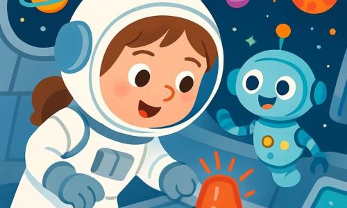 Une astronaute nommée Léa, souriante et pétillante, porte une combinaison spatiale blanche et argentée. Elle est penchée sur un tableau de bord lumineux, entourée de boutons colorés. À ses côtés, un petit robot amical nommé Lili, avec des lumières clignotantes, l'observe avec curiosité. La scène se déroule à l'intérieur d'une fusée futuriste, avec des murs argentés et des fenêtres rondes montrant un ciel étoilé. Des écrans affichent des données brillantes. Léa, concentrée, cherche à résoudre une alarme clignotante sur le tableau de bord.
