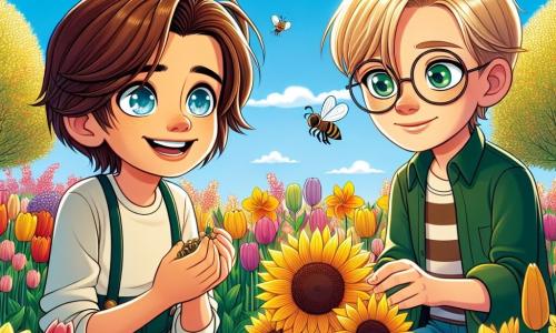 Maxime, un garçon de 10 ans aux cheveux châtains et aux yeux curieux, est agenouillé dans un jardin ensoleillé, tenant une graine de tournesol. Il sourit, entouré de fleurs colorées. À côté de lui, Lucas, également âgé de 10 ans, avec des cheveux blonds et des lunettes rondes, observe une abeille sur une fleur, fasciné. Le jardin est rempli de tulipes, de jonquilles et d'un grand arbre en fleurs, créant une ambiance printanière. Maxime et Lucas plantent des graines de tournesol, impatients de voir leurs fleurs grandir, symbolisant leur amour pour la nature et leur amitié.