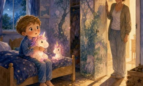 Un garçon de 4 ans, apeuré mais curieux, serre un doudou licorne lumineux sur le bord du lit tandis que sa mère d’environ 30 ans, souriante et rassurante, se tient dans l’embrasure de la porte ; un petit doudou licorne émet une lueur rose pâle, la chambre enfantine est parsemée de jouets en bois, d’affiches de nuages, d’un placard entrouvert et d’une couverture étoilée, la lune japonaise à la fenêtre projette des reflets argentés sur le plancher, et dans les ombres la pièce se transforme en forêt enchantée aux formes aquarelle de fées et de licornes, changeant la peur en émerveillement.