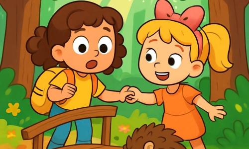Il y a trois personnages : Zoé, une petite fille de 5 ans aux cheveux bruns bouclés, portant un t-shirt et un sac à dos jaunes, debout sur un petit pont de bois, les yeux écarquillés ; Lila, une autre petite fille de 5 ans aux cheveux blonds en couettes, souriante, se tenant à côté de Zoé et lui tendant la main ; et un hérisson, petit animal rond aux piquants bruns, qui gratte le sol avec son museau en cherchant une plume multicolore. La scène se déroule dans une forêt magique avec de grands arbres, des rayons de soleil illuminant le sol et un petit pont surplombant une rivière scintillante. Zoé, nerveuse mais déterminée, est encouragée par Lila, tandis que le hérisson ajoute une touche de magie à cette scène d'amitié et de courage.