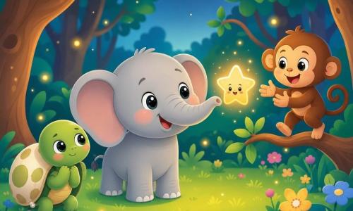 Petit éléphant gris clair aux grandes oreilles et trompe ronde souriant tend la trompe vers une petite étoile lumineuse flottante; à sa gauche, une tortue verte timide à carapace couleur coquille d'œuf observe, à droite un singe brun joyeux saute sur une branche bras ouverts; clairière de forêt magique à herbe verte, fleurs colorées et troncs lisses, quelques lucioles; ambiance douce et rassurante, étoile scintille en jaune chaud, couleurs vives, formes simples et ombres très douces, composition centrée sur l'éléphant et l'étoile.