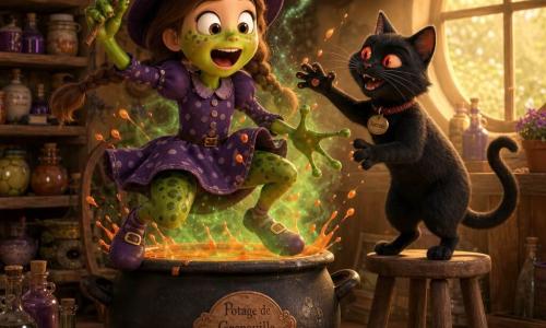 Lola, apprentie sorcière aux tresses brunes et yeux brillants, surprise et amusée, rit en se transformant partiellement en grenouille—ses mains deviennent vertes et ses chaussures restent accrochées à sa robe violette à pois—tandis qu'un chat magique noir nommé Socrate, aux yeux rouges et à la longue queue, se tient sur un tabouret et tend une patte pour l'aider; la cuisine chaleureuse, avec étagères de bocaux, pots suspendus, tapis en osier et lumière dorée par une fenêtre ronde, est embrumée de fumée verte et d'éclaboussures de potion orange, créant une atmosphère ensorcelante et comique.