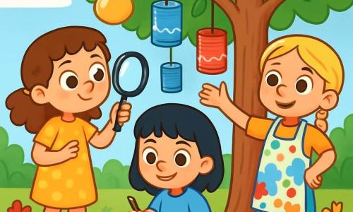 Trois personnages sont présents : Léa, une fille de 6 ans aux cheveux bruns et bouclés, en robe jaune à pois et bottes rouges, qui observe un poirier avec une loupe ; Noor, une fille de 6 ans aux cheveux noirs et lisses, en t-shirt bleu et short en jean, qui écrit dans un carnet avec un sourire ; et Anna, une fille de 6 ans aux cheveux blonds tressés, en tablier coloré plein de peinture, qui montre les boîtes suspendues au poirier avec fierté. L'action se déroule dans un jardin verdoyant rempli de fleurs colorées et d'insectes, avec un grand poirier décoré de boîtes en métal peintes. Les enfants enquêtent ensemble, Léa examine le poirier, Noor prend des notes, et Anna explique l'accrochage des boîtes, tous souriants et concentrés sur leur mission.