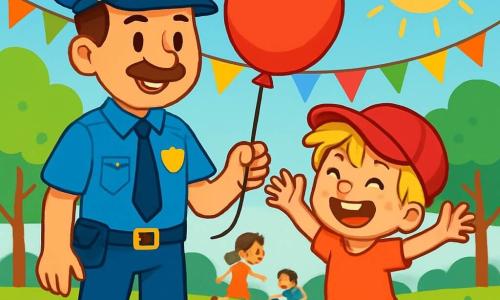 Un policier souriant, Paul, en uniforme bleu vif et chapeau, tient un ballon rouge qu'il a récupéré pour Léo, un garçon de 7 ans aux cheveux blonds en bataille et à la casquette trop grande, qui saute de joie. En arrière-plan, un parc ensoleillé avec des guirlandes colorées, des arbres verdoyants et des enfants qui jouent. La scène illustre l'entraide et la joie à Lumièreville.
