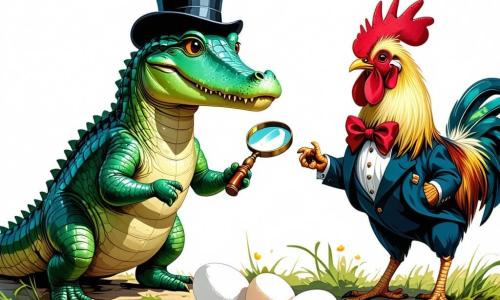 Un crocodile nommé Crocolou, souriant et curieux, porte un chapeau melon noir et une loupe autour du cou. Il observe des œufs qui gigotent, amusé et intrigué. À ses côtés, Gaston le coq, élégant avec son plumage doré et son nœud papillon rouge, marche inquiet en regardant les œufs. Le décor est un poulailler coloré avec des murs en bois et des rayons de lumière filtrant à travers les fenêtres, tandis que des poules curieuses se rassemblent autour. Crocolou enquête sur le mystère des œufs, créant une atmosphère joyeuse et pleine de surprises.