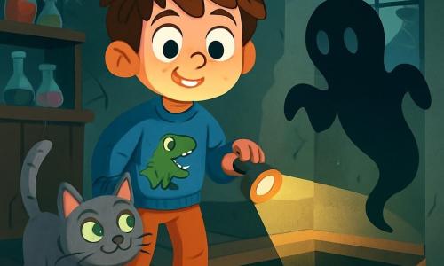Un garçon de 8 ans, nommé Oscar, se tient au centre de la scène, avec des cheveux châtains en bataille, des yeux écarquillés et un sourire courageux. Il porte un pull bleu avec un dinosaure et des baskets rouges, tenant une lampe frontale qui éclaire son visage, révélant une expression curieuse et légèrement effrayée. À côté de lui, un vieux chat gris aux yeux verts se faufile entre ses jambes, semblant joueur et protecteur. La scène se déroule dans un laboratoire abandonné aux murs décrépis, avec des bocaux de liquides colorés sur des étagères poussiéreuses et une porte vitrée fissurée laissant passer un rayon de lune. Oscar se tient devant une trappe ouverte, découvrant un escalier sombre vers l'inconnu, tandis qu'une ombre mystérieuse flotte dans l'air. Déterminé, Oscar est prêt à affronter ses peurs et à aider l'ombre, éclairé par sa lampe.